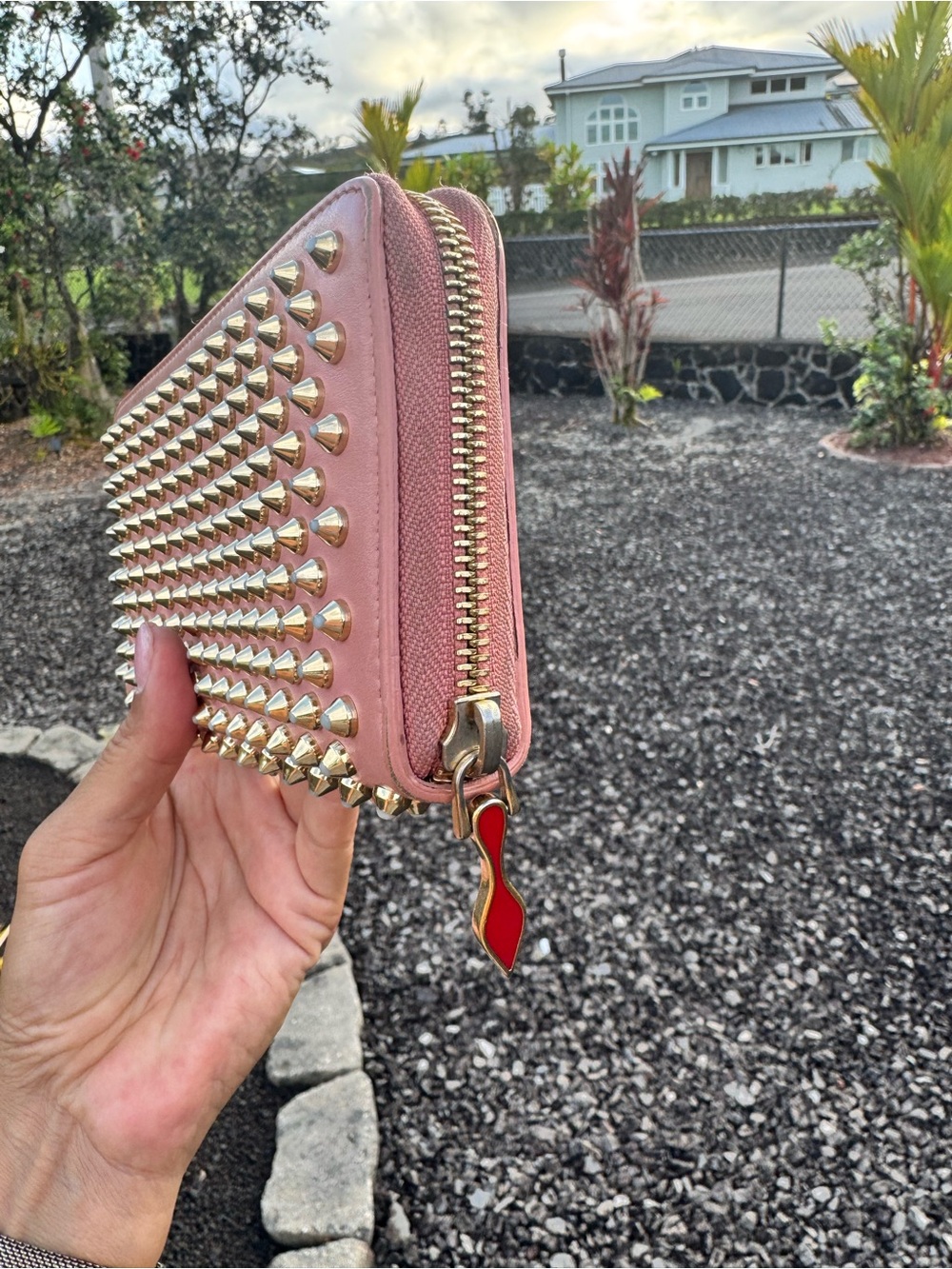 Christian Louboutin Pink Spiked Zip Around Wallet Gold Studs Leather - Picture 4 of 14